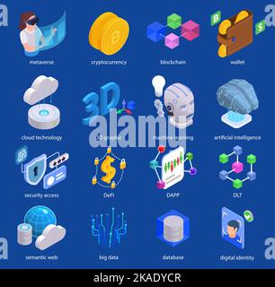 Tecnologie Web 3,0 set isometrico con database di identità digitale e icone di big data illustrazione vettoriale isolata Illustrazione Vettoriale