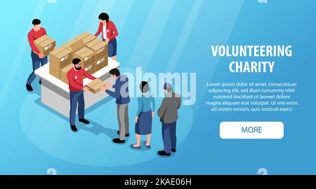 Bandiera orizzontale isometrica di beneficenza con volontari che danno aiuto umanitario a persone 3D illustrazione vettoriale Illustrazione Vettoriale