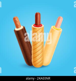 Hot dog francese composizione realistica con set di tre hot dog realizzati con diversi tipi di pane e salsicce Illustrazione Vettoriale