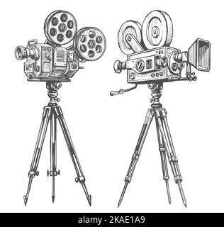 Videoproiettore vintage. Videocamera retro su cavalletto isolata su sfondo bianco. Cinema, illustrazione di schizzi di film Foto Stock