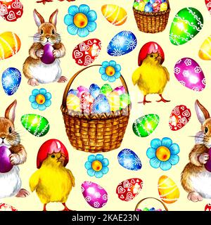 Sfondo di Pasqua colorato. Modello senza giunture con uova, polli e conigli. Su sfondo giallo. Illustrazione acquerello. Vacanza. Per i tessili, Foto Stock