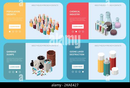 Riscaldamento globale 2x2 Concept set di landing page che illustrano la crescita della popolazione industria chimica rifiuti rifiuti strato di ozono distruzione isometrica vettore i Illustrazione Vettoriale