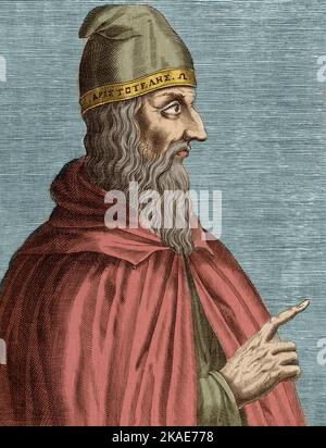 Portrait de Aristote dit le Stagirite , en... Aristoteles philosophe... (384 AV. J.-C. à 322 av. J.-C.). - Gravure d'apres Thevet Foto Stock