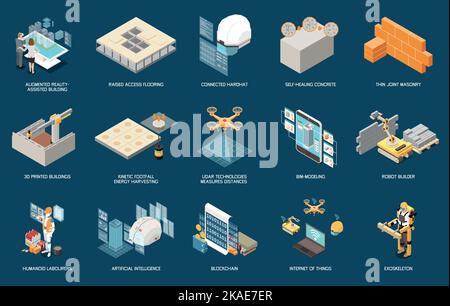Moderne tecnologie di costruzione, tra cui 3D edifici stampati a giunto sottile muratura cinetica fondale energia raccolta isometrica composizioni isolate v Illustrazione Vettoriale