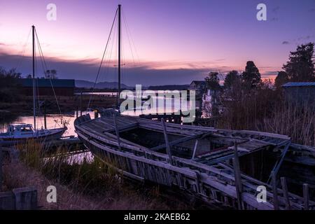 Vecchio scafo di una barca di legno sul fiume Samish, Skagit County, Washington, USA Foto Stock