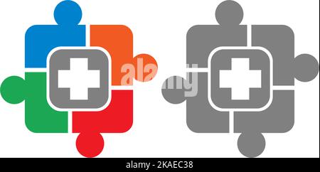 Un'illustrazione di puzzle quadrato colorato a forma di icone di cura dell'ospedale su uno sfondo bianco Illustrazione Vettoriale