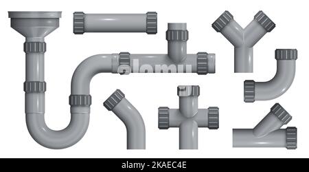 Tubi in plastica fognaria con elementi di collegamento idraulico Set realistico isolato su sfondo bianco illustrazione vettoriale Illustrazione Vettoriale