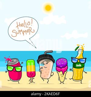 Vacanze estive in spiaggia con personaggi carini, bevande di succo in scatola, lolly di ghiaccio, latte bolla, gelato e soda Illustrazione Vettoriale