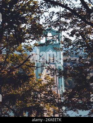Uno scatto verticale del St. John's Bridge a Portland, Oregon, visto dietro rami di alberi verdi Foto Stock