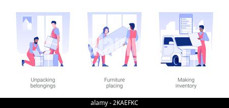 Set di illustrazioni vettoriali isolate per società di movimentazione a servizio completo. Disimballaggio di effetti personali, posizionamento di mobili, fare inventario, servizi di consegna corrieri, cartoni animati vettore immobiliare di affari. Illustrazione Vettoriale