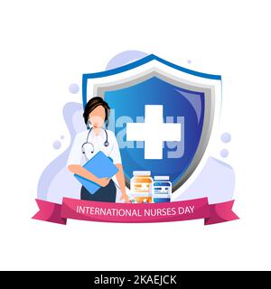 Un'illustrazione vettoriale di un'infermiera dietro il nastro, il concetto della giornata internazionale degli infermieri Illustrazione Vettoriale