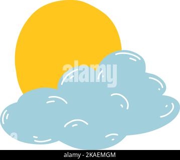 Cartoon mano disegnata nuvola e sole. Illustrazione vettoriale delle previsioni meteorologiche, fenomeni naturali in stile infantile. Illustrazione Vettoriale