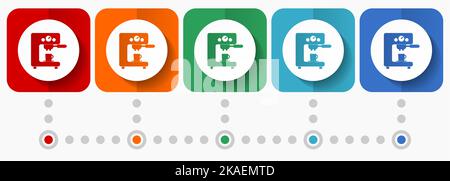 Icone vettoriali per macchine da caffè, modello infografico, set di simboli di design piatto in 5 opzioni di colore Illustrazione Vettoriale