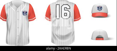 Vista frontale e posteriore realistica degli elementi della camicia e del cappello dell'illustrazione del vettore isolato dell'uniforme da baseball Illustrazione Vettoriale