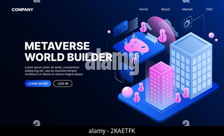 Metaverse World Builder. Metaworld. Modello pagina di destinazione Web. Illustrazione vettoriale Illustrazione Vettoriale