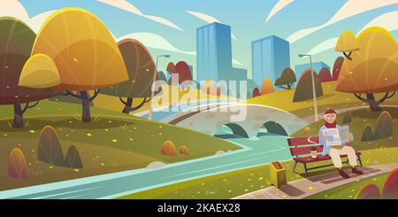 Cartone animato paesaggio autunnale del parco cittadino con foglie cadute ponte sul fiume e l'uomo anziano che legge il giornale sulla panchina con illustrazione del vettore del caffè Illustrazione Vettoriale