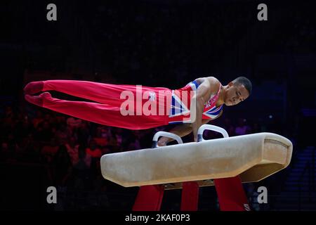 Joe Fraser, in azione durante il quinto giorno dei Mondiali di Ginnastica artistica della FIG, alla M&S Bank Arena di Liverpool. Data immagine: Mercoledì 2 novembre 2022. Foto Stock