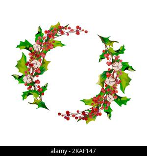Corona di Natale in cotone di mistletoe. Decorazione di Natale. Illustrazione acquerello Foto Stock