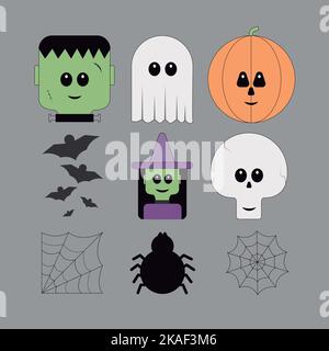 Un set di adesivi di Halloween isolati su uno sfondo grigio. Illustrazione Vettoriale