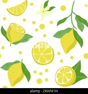 Motivi senza cuciture di limoni luminosi, elementi disegnati a mano. Estate. Limoni gialli con foglie e fiori su sfondo bianco. Limonata. Adatto per testo Illustrazione Vettoriale