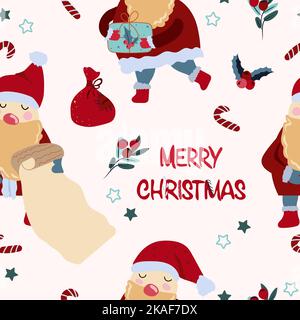 Inverno senza cuciture modello con Babbo Natale sta leggendo una lettera, Babbo Natale con presente invernale e stelle intorno. Il brillante motivo invernale può essere utilizzato come tessuto, tessuto, carta da parati, banner e altro. Vettore. Illustrazione Vettoriale