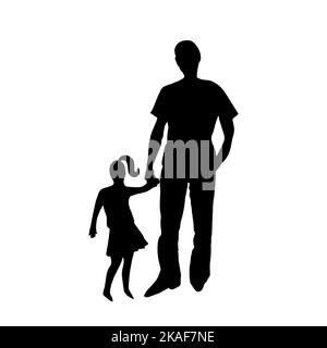 Silhouette nere di padre e figlia. Uomo che tiene la mano della bambina Illustrazione Vettoriale