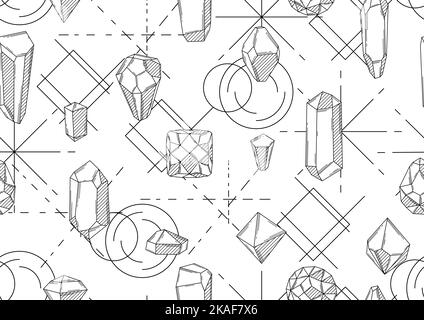 Modello senza cuciture con cristalli o minerali cristallini. Gioielli o pietre preziose semipreziose. Illustrazione Vettoriale