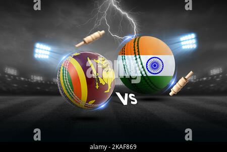 India vs Sri Lanka cricket palle con bandiera. illustrazione del rendering 3d Foto Stock