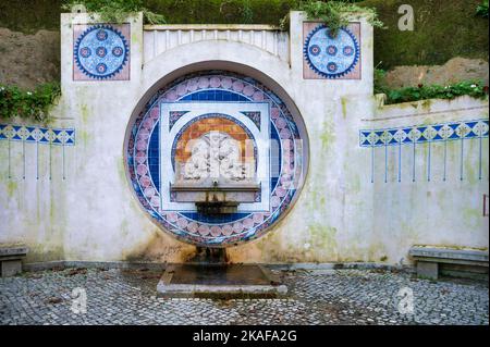 Fontana ornamentale con tradizionali piastrelle portoghesi e testa di leone scolpita, situata in un angolo tranquillo di Sintra, Portogallo. Foto Stock