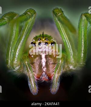 Piccolo ragno verde, Araniella cucurbitina, Regno Unito. Immagine macro verticale alta Foto Stock