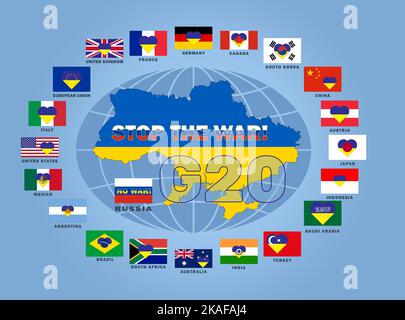 Illustrazione vettoriale degli allarmi dei paesi del G-20. Bandiera e mappa dell'Ucraina nel centro. Fermare la guerra. G20, le venti principali economie del mondo. An finanziario Foto Stock