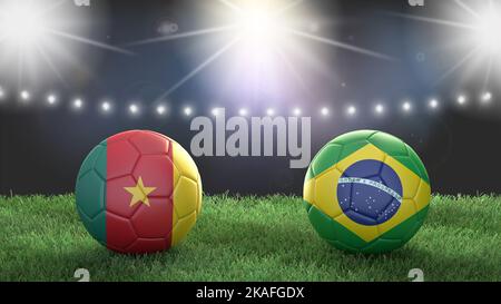 Due palline da calcio con bandiere colorate sullo sfondo sfocato dello stadio. Camerun vs Brasile. immagine 3d Foto Stock