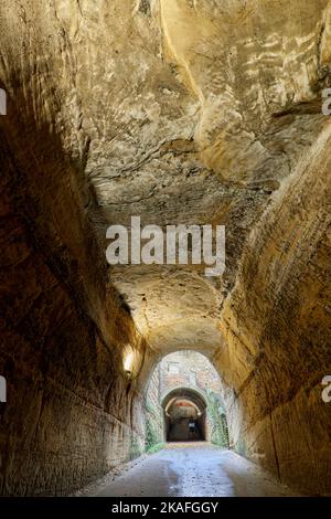 Tetto roccioso non allineato del tunnel inferiore del parco con albero e tunnel superiore in distanza Foto Stock