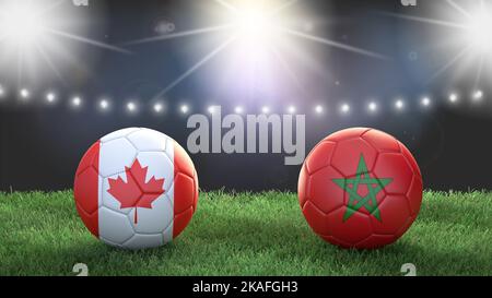 Due palline da calcio con bandiere colorate sullo sfondo sfocato dello stadio. Canada vs Marocco. immagine 3d Foto Stock