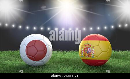 Due palline da calcio con bandiere colorate sullo sfondo sfocato dello stadio. Giappone vs Spagna. immagine 3d Foto Stock