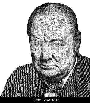 Sir Winston Churchill (1874 - 1965) ritratto di una banconota britannica da cinque sterline Foto Stock