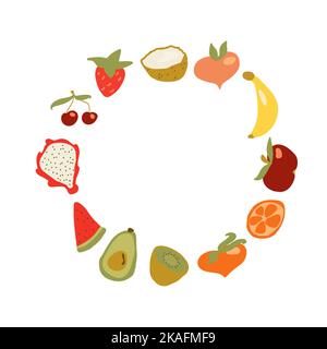 Carino mano disegnata scheda con divertente immagine di frutta. Banana, pitaya, fetta di anguria, kiwi, avocado, pesca, fragola, ciliegia, cocco, mela e frutti di pesca Illustrazione Vettoriale