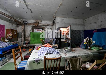 STEPNOHIRSK, UCRAINA - 2 NOVEMBRE 2022 - Un residente locale mostra il seminterrato in fase di preparazione per l'inverno a Stepnohirsk situato vicino al fronte Foto Stock