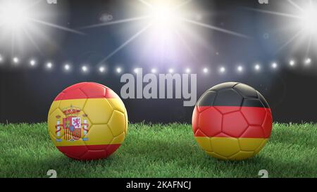 Due palline da calcio con bandiere colorate sullo sfondo sfocato dello stadio. Spagna vs Germania. immagine 3d Foto Stock