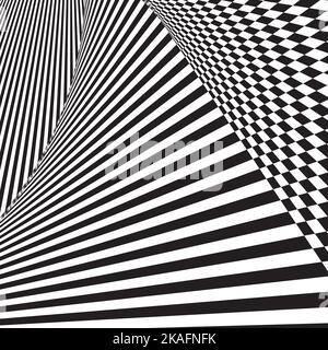 Astratto sfondo intrecciato. Illusione ottica della superficie distorta. Strisce intrecciate. Motivo 3D stilizzato. Illustrazione Vettoriale