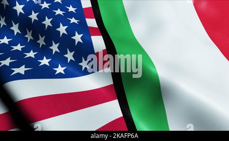 3D ondeggiando Italia e Stati Uniti d'America fuso Flag Closeup View Foto Stock