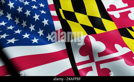 3D onde Maryland e Stati Uniti fuso bandiera Closeup View Foto Stock