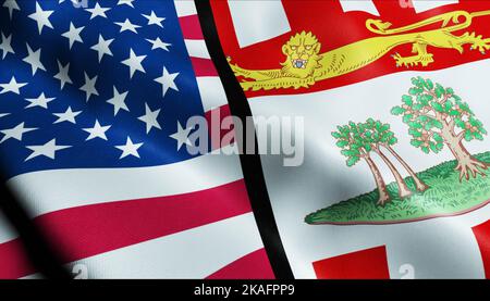 3D ondeggiando Prince Edward Island e USA fuso Flag Closeup View Foto Stock