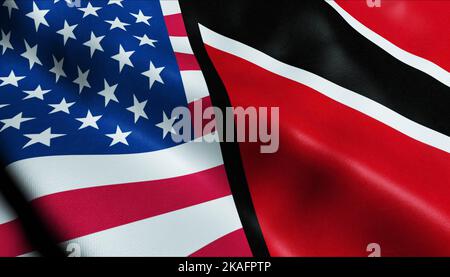 3D ondeggiando Trinidad Tobago e Stati Uniti d'America fuso Closeup View bandiera Foto Stock