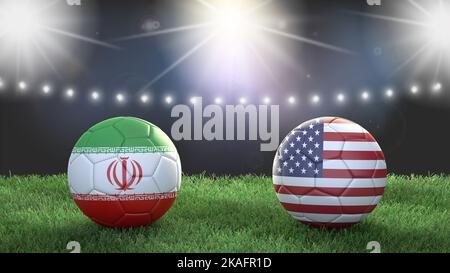 Due palline da calcio con bandiere colorate sullo sfondo sfocato dello stadio. Iran vs USA. immagine 3d Foto Stock