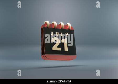 Calendario da tavolo in piedi nero e rosso mese con data luglio 21. Design moderno con elementi dorati, illustrazione in 3D. Backgroun grigio blu Foto Stock