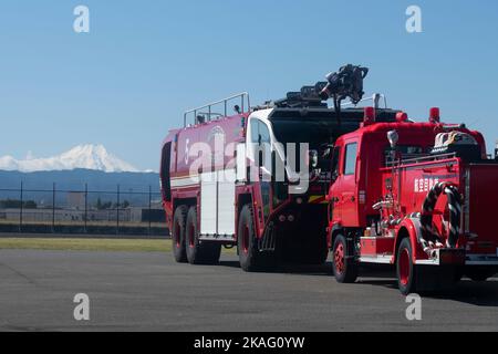 I camion dei pompieri assegnati allo Squadron dell'ingegnere civile 374th e alla forza di autodifesa aerea giapponese sono parcheggiati nell'area di addestramento durante un addestramento bilaterale alla base aerea di Yokota, Giappone, 26 ottobre 2022. La pratica di tecniche antincendio standardizzate tra gli Airmen statunitensi e giapponesi ha offerto a entrambe le parti l'opportunità di affinare le capacità congiunte e di costruire partnership più solide. (STATI UNITI Air Force foto di Machiko Arita) Foto Stock