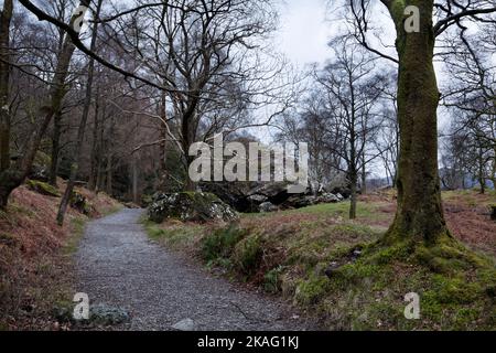 Thr percorso della pietra Bowder, Borrowdale, Lake District, REGNO UNITO Foto Stock