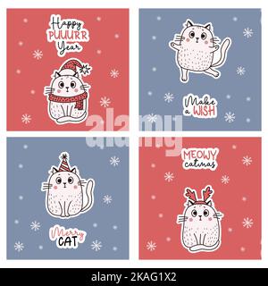 Natale fresco poster con carino inverno gatti divertenti iscrizioni. Illustrazione vettoriale. Biglietti quadrati in stile cartone animato per il saluto di Capodanno, Natale c Illustrazione Vettoriale