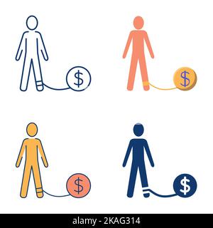 Icona debito impostato in stile piatto e di linea. Uomo con palla e catena, con segno del dollaro. Simbolo di obbligazione finanziaria. Illustrazione vettoriale. Illustrazione Vettoriale